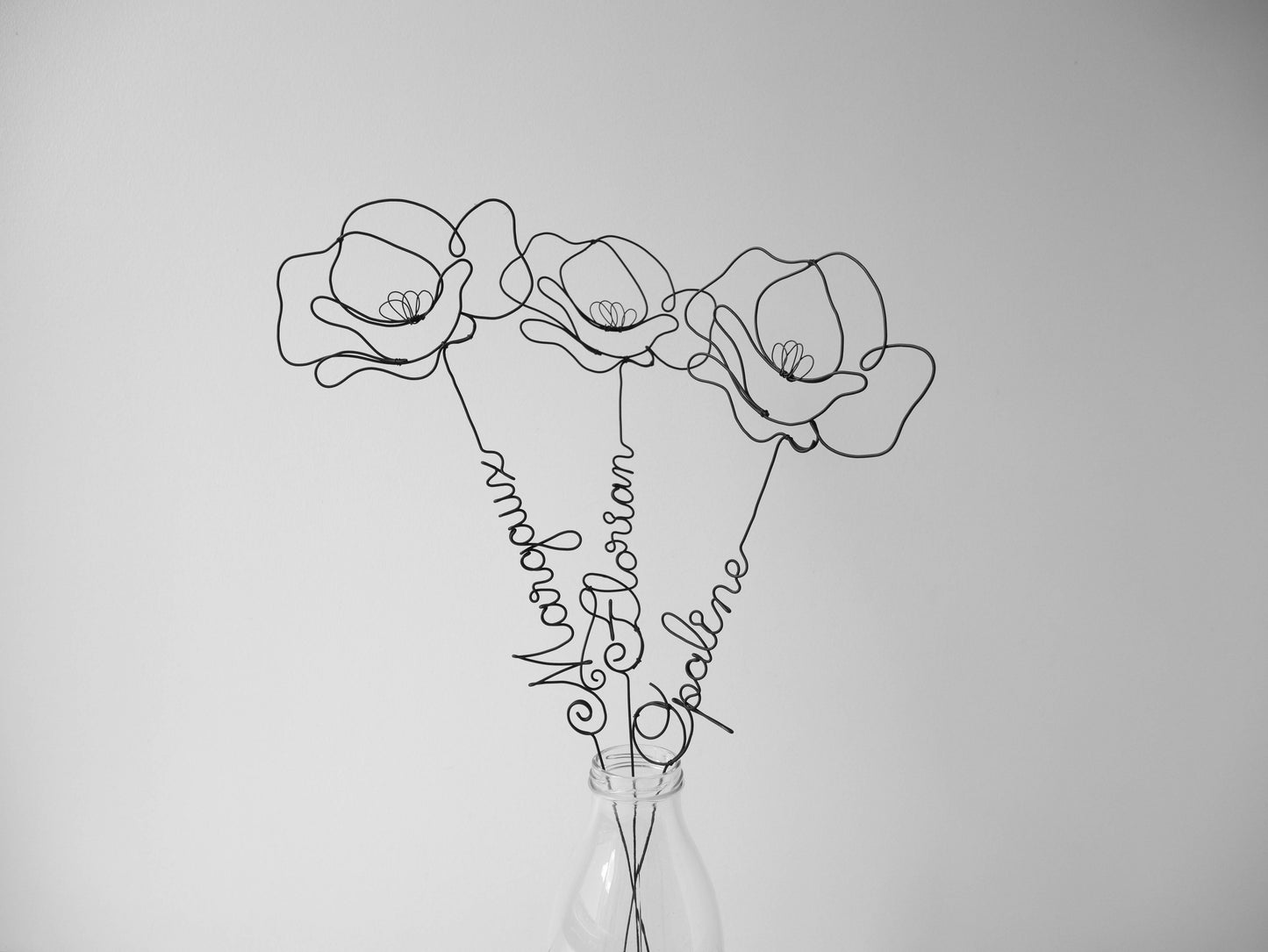 Vorname aus echtem anpassbarem Draht, Mohn aus geglühtem Draht, personalisierte Blume, Wanddekoration, Drahtblume, Mohn