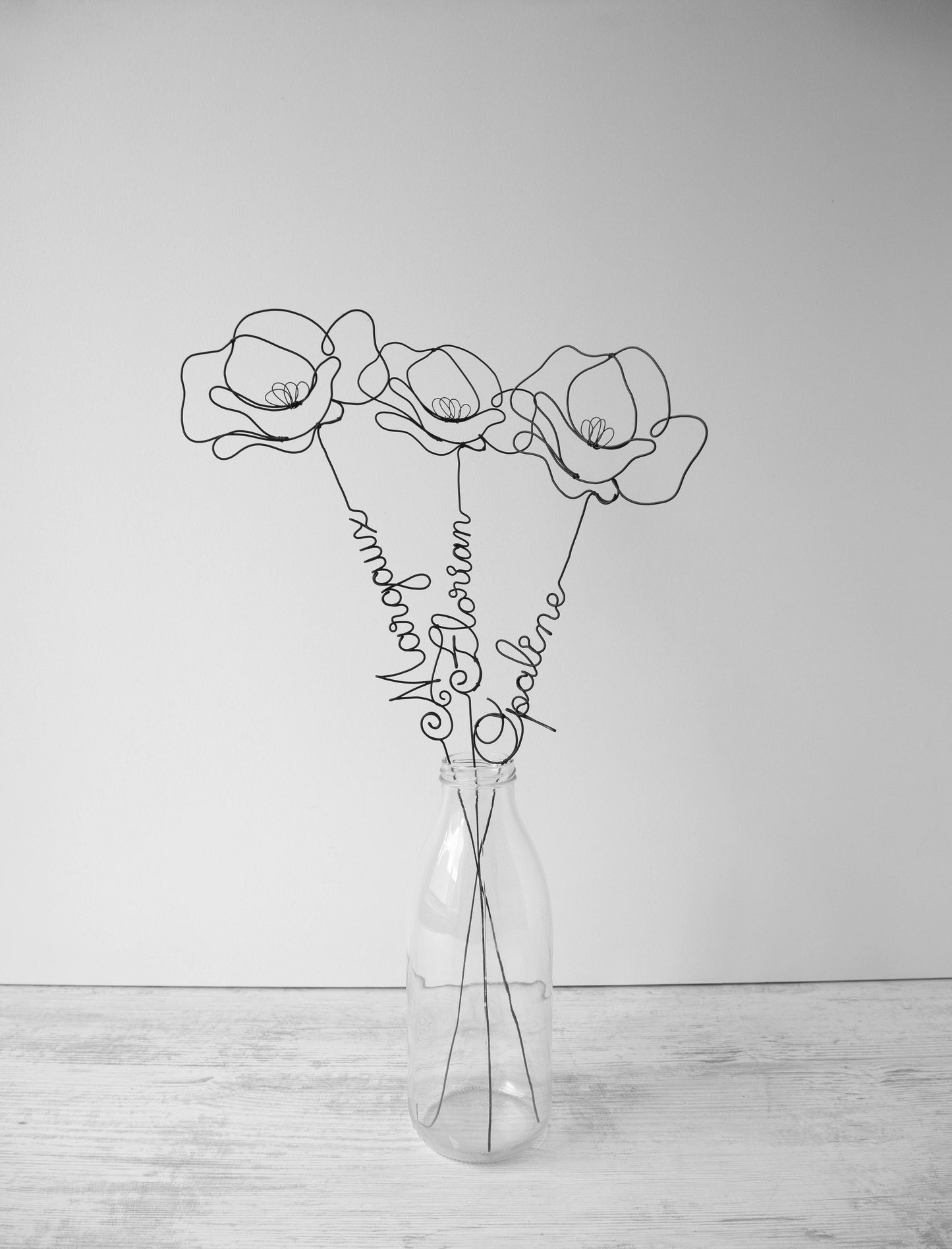 Vorname aus echtem anpassbarem Draht, Mohn aus geglühtem Draht, personalisierte Blume, Wanddekoration, Drahtblume, Mohn