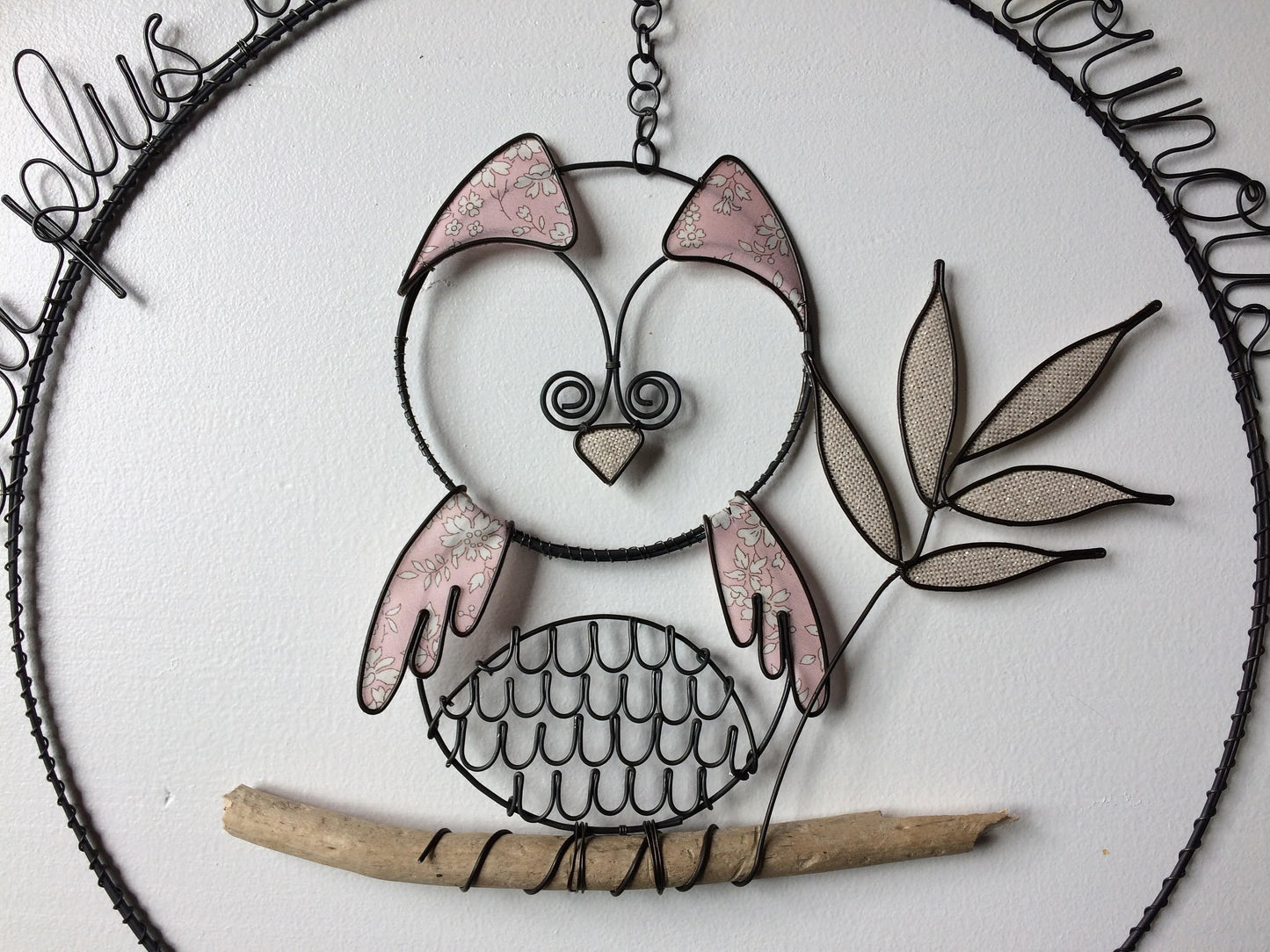 Chouette hibou en fil de fer recuit, cadeau nounou, bois flotté, déco nature, décoration maison, oiseau décoratif, cadeau phrase fil de fer