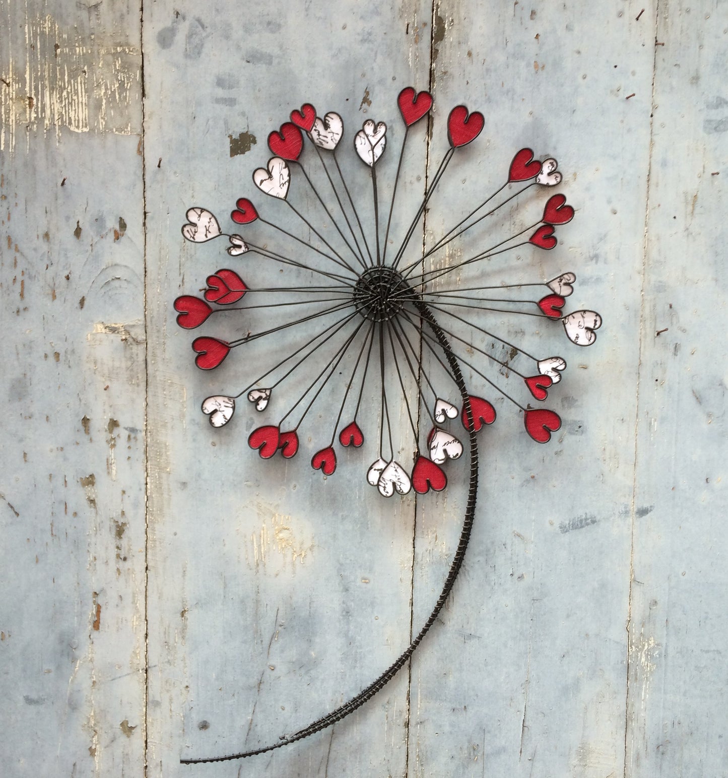 Fleur, rose, pissenlit en fil de fer recuit, décoration murale, métal et tissu, cadeau décoration d'intérieur avec coeur, rouge, nature