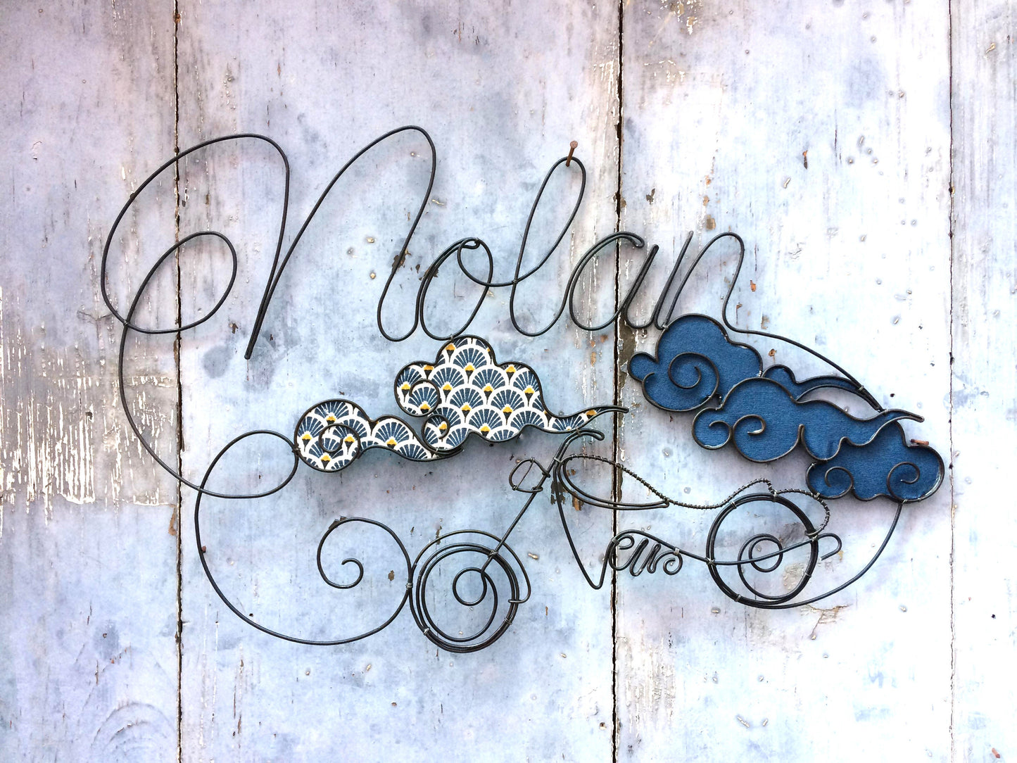 Customizable wire first name, Nolan, first name with motorcycle and cloud, baby room decoration, birth gift, baptism gift