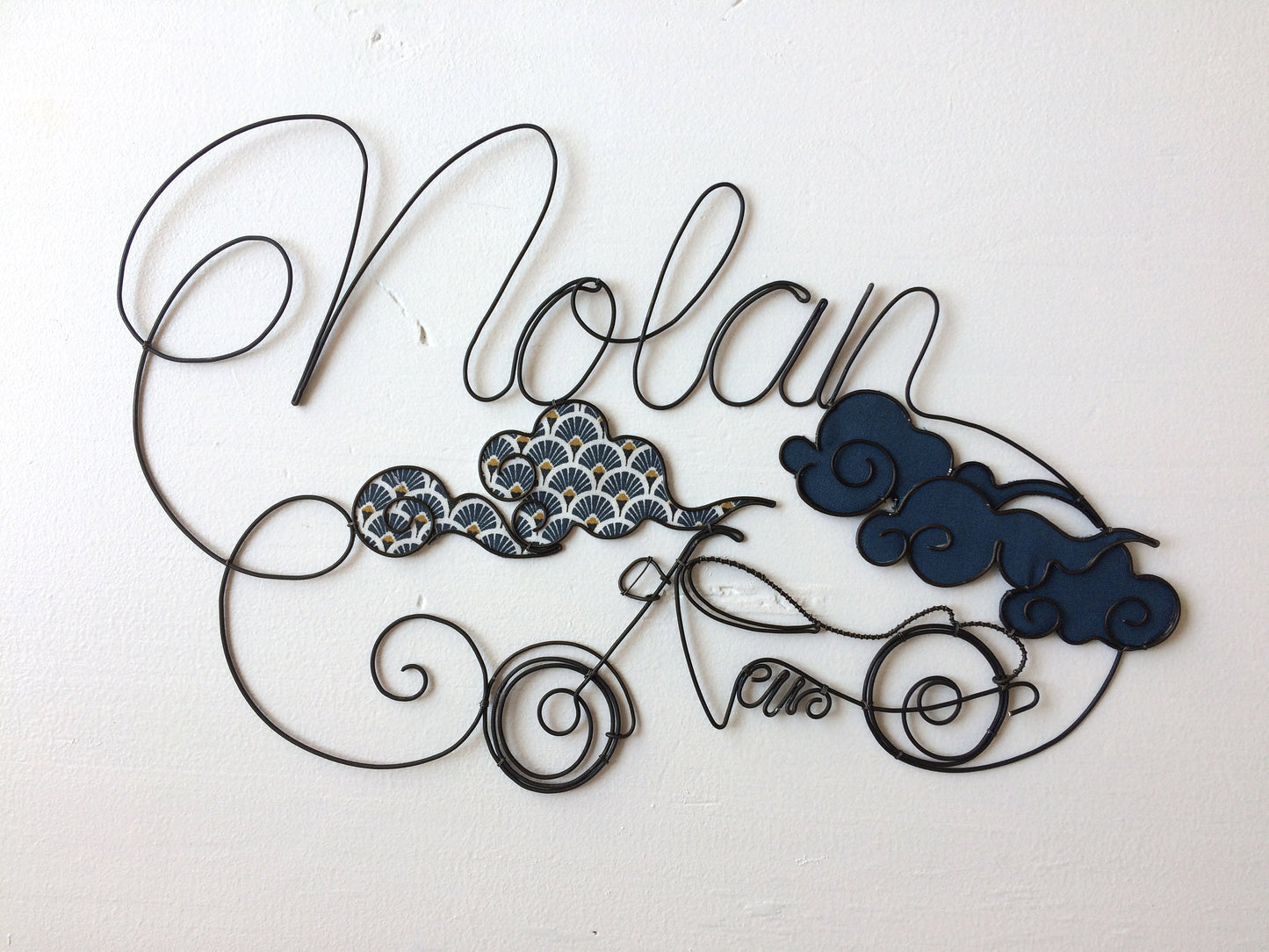 Customizable wire first name, Nolan, first name with motorcycle and cloud, baby room decoration, birth gift, baptism gift