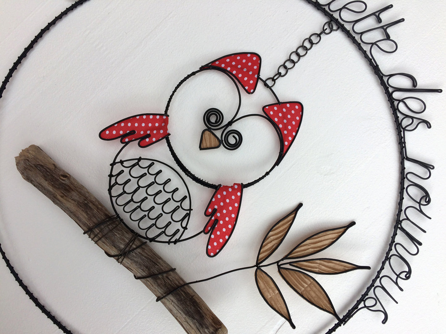Chouette hibou en fil de fer recuit, cadeau nounou, bois flotté, déco nature, décoration maison, oiseau décoratif, cadeau phrase fil de fer
