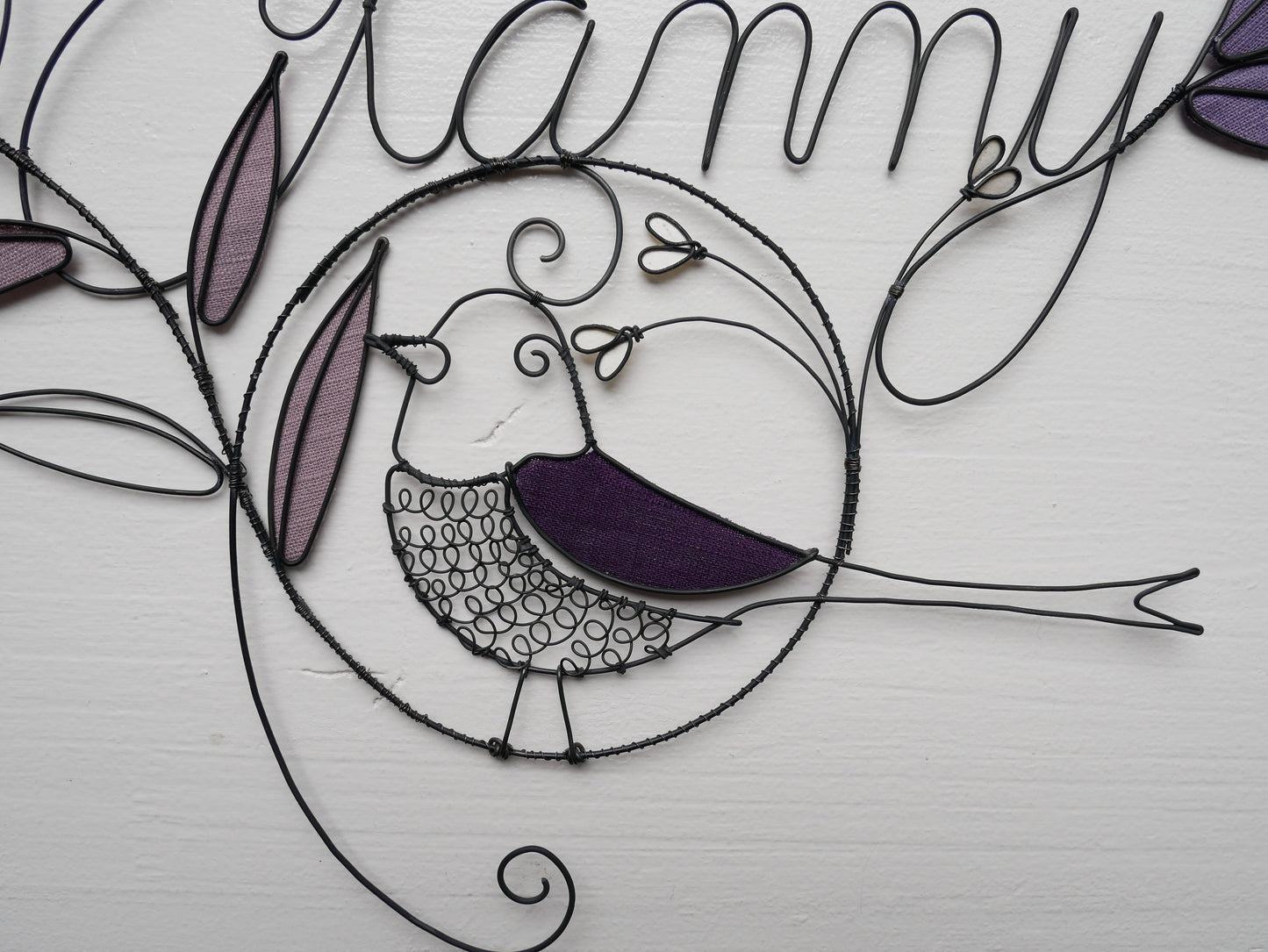 Prénom fil de fer, prénom personnalisable, Fanny, décoration oiseau et feuille métal, thème nature, cadeau de naissance, plaque de porte