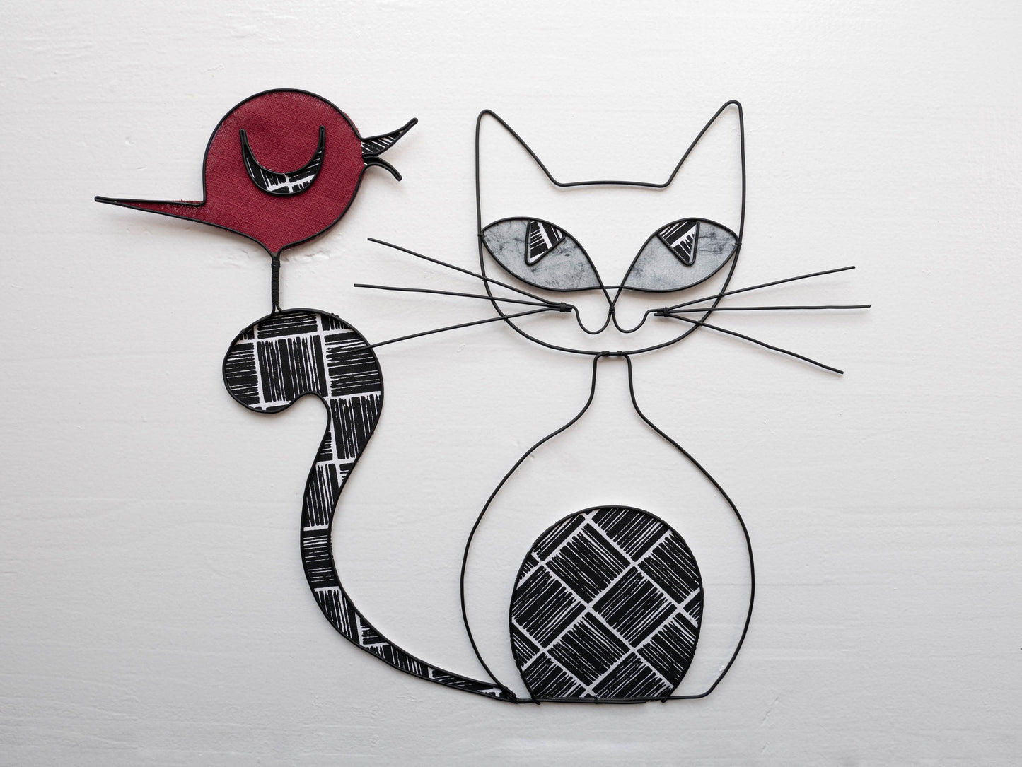 Chat fil de fer recuit, silhouette chat, décoration murale, oiseau fil de fer, phrase décorative, mot, citation, déco nature, déco rétro