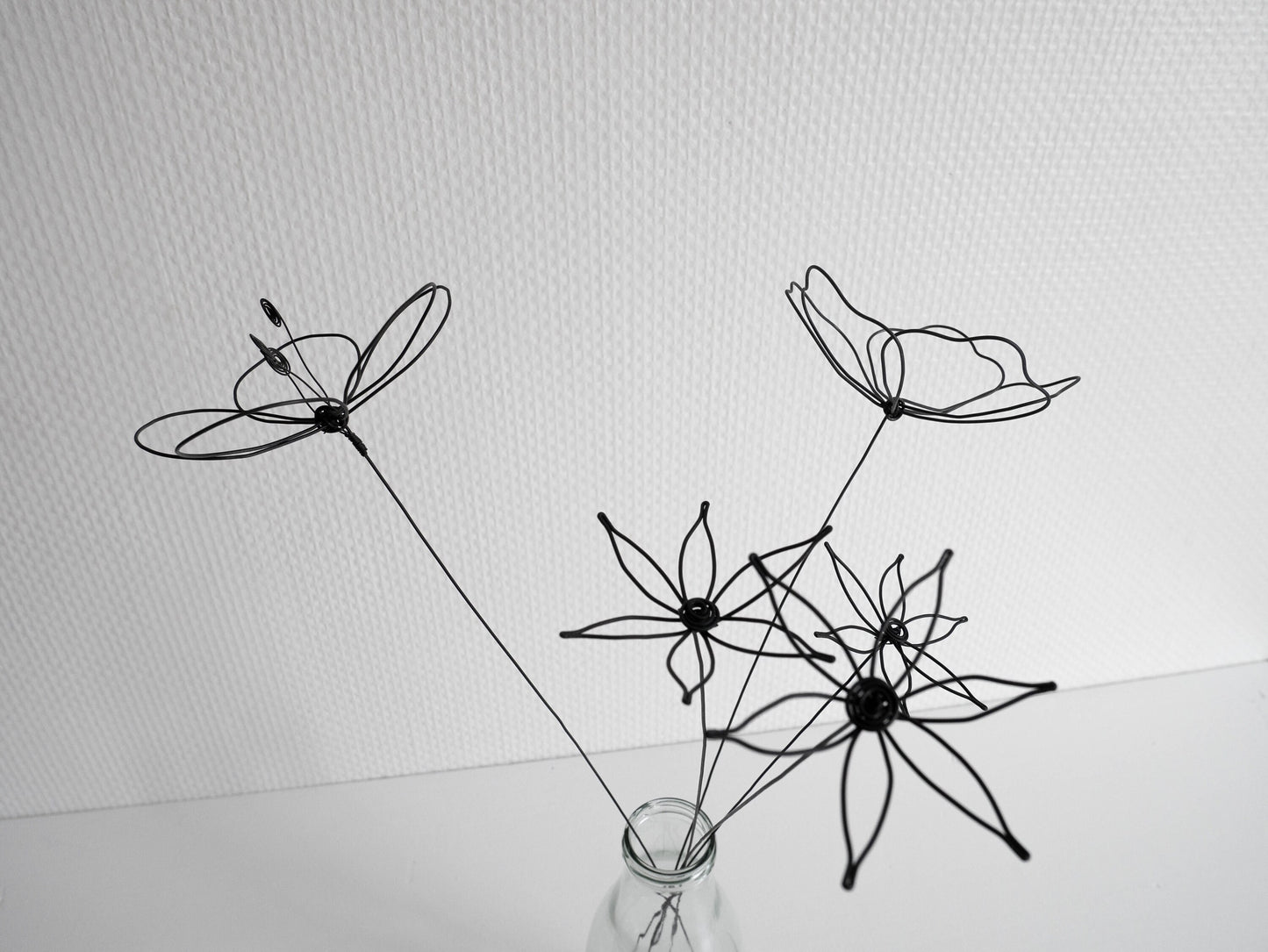 Bouquet de 5 fleurs 3D en fil de fer recuit coquelicot paquerette, fleurs des champs, déco vase, bohème nature, bouquet de fleurs séchées