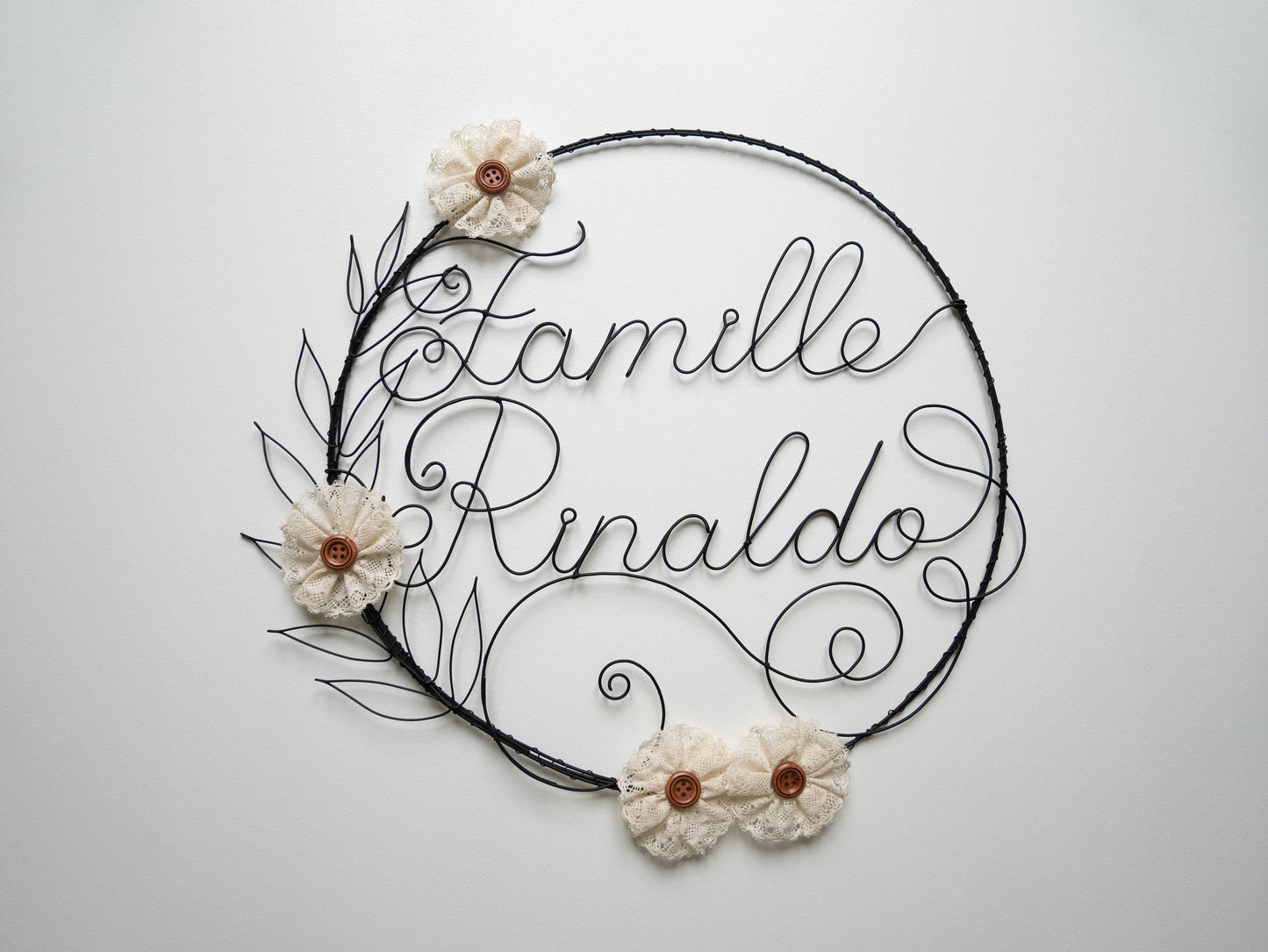 Couronne en fil de fer prénom ,famille, décoration murale maison, feuille métal, phrase fil de fer, déco nature, déco bohème, déco florale