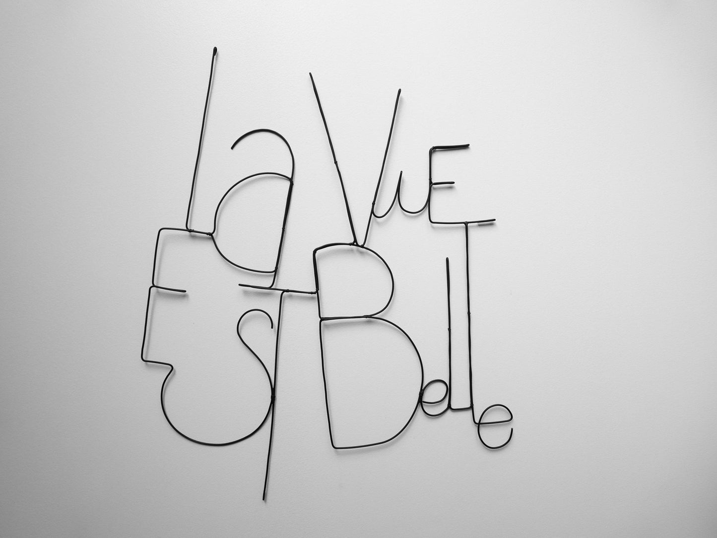 Drahtsatz „Das Leben ist schön“, Drahtwort, Drahtschrift, Drahtzitat, Drahtskulptur