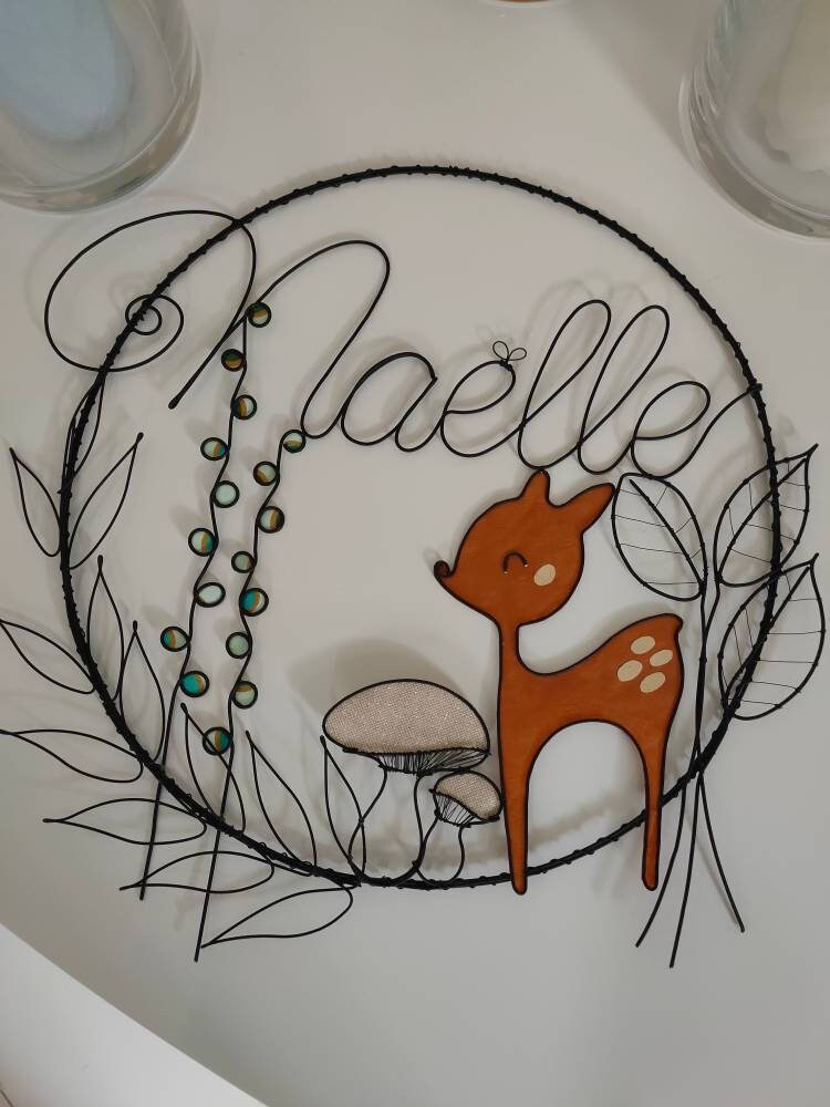 Prénom fil de fer, prénom personnalisable, prénom fil de fer recuit, déco forêt, faon, champignon, automne, cadeau naissance, plaque porte
