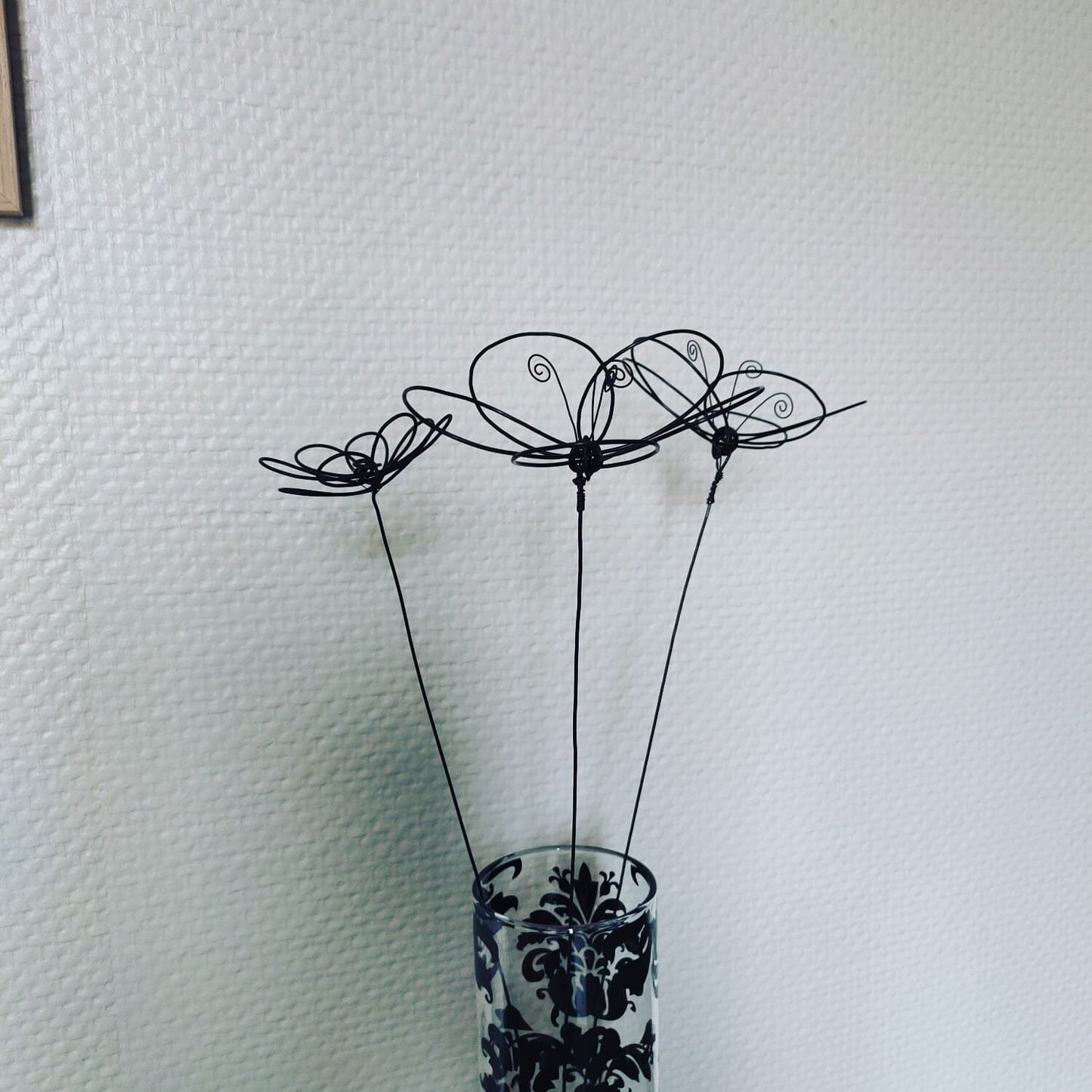 Bouquet 3 fleurs 3D en fil de fer recuit, fleurs artificielles, fleurs séchées, décoration murale floral, déco bohème nature, coquelicot