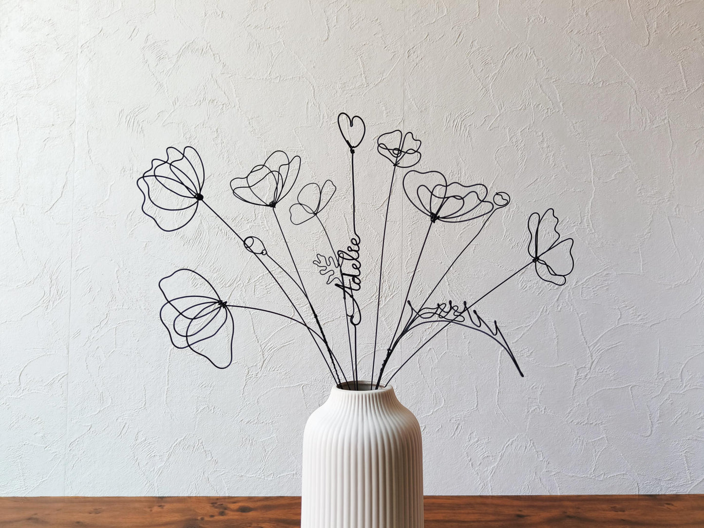 Fleurs en véritable fil de fer, bouquet de 9 fleurs personnalisées, déco de table fil de fer, prénoms personnalisés, coquelicot, cadeau