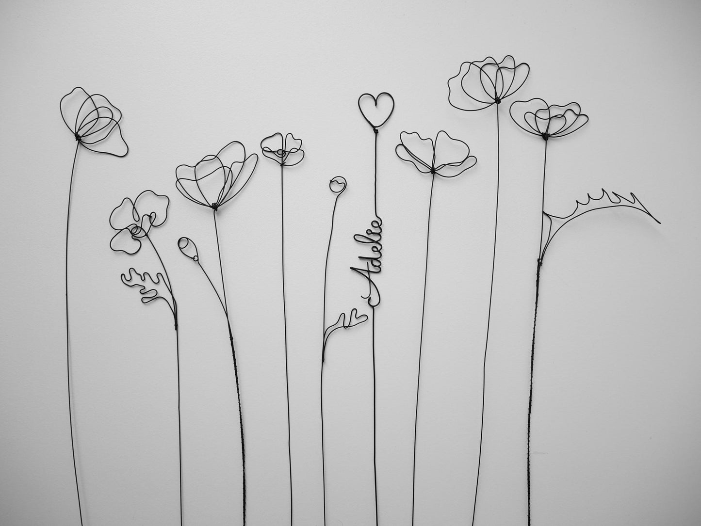 Fleurs en véritable fil de fer, bouquet de 9 fleurs personnalisées, déco de table fil de fer, prénoms personnalisés, coquelicot, cadeau
