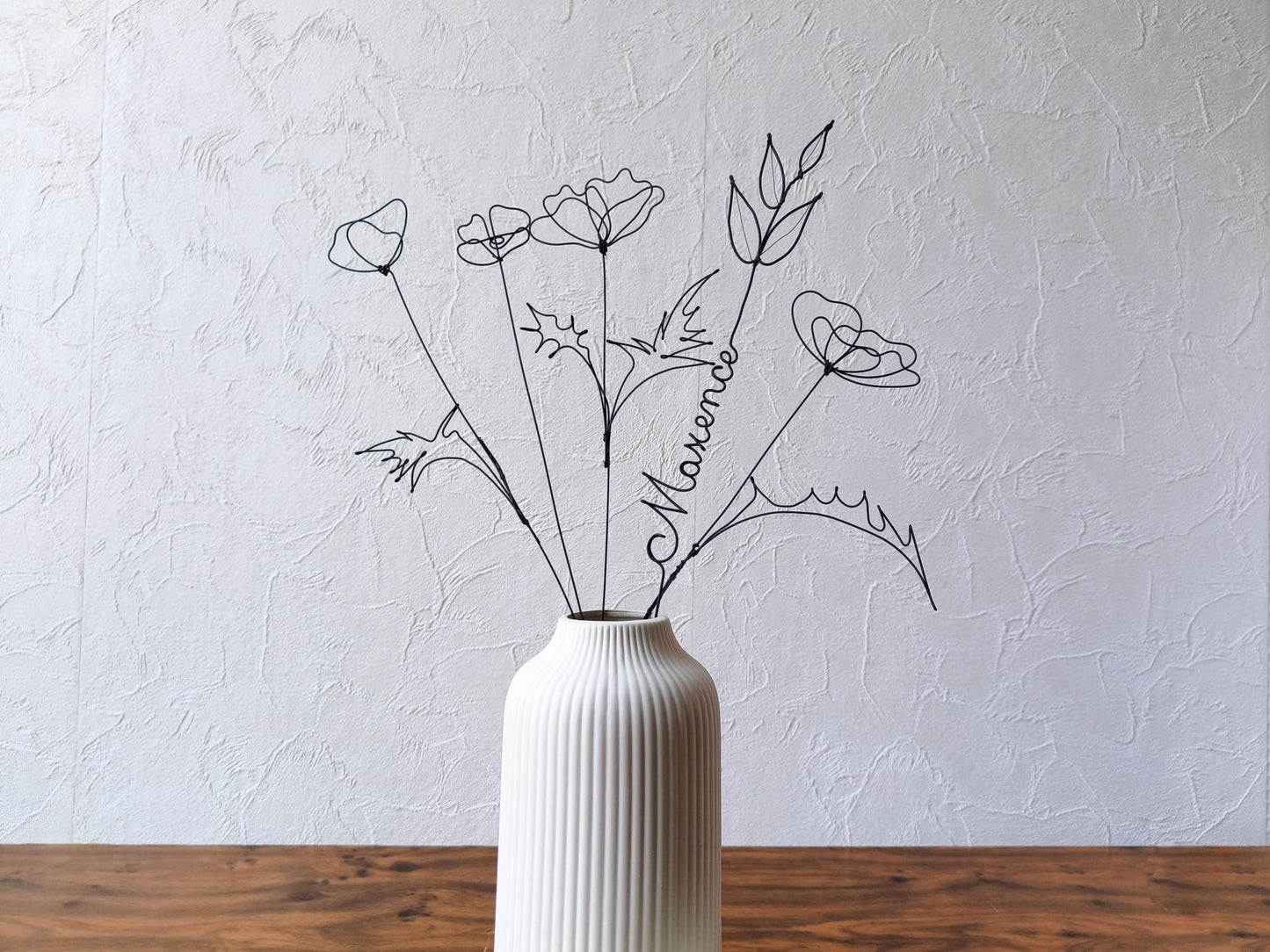 Fleurs en véritable fil de fer, bouquet de 5 fleurs personnalisées, déco de table fil de fer, prénoms personnalisés, coquelicot, cadeau