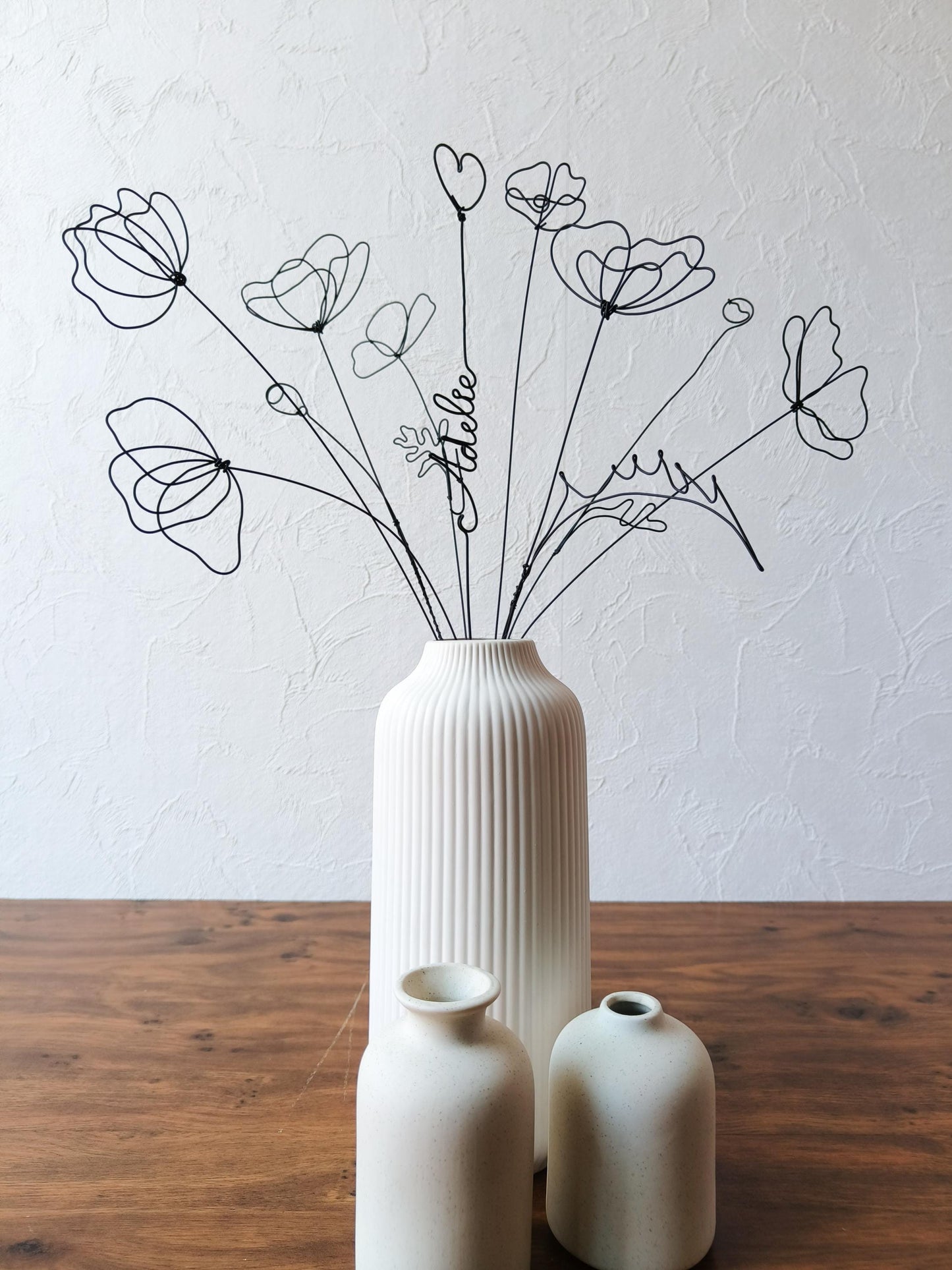 Fleurs en véritable fil de fer, bouquet de 9 fleurs personnalisées, déco de table fil de fer, prénoms personnalisés, coquelicot, cadeau