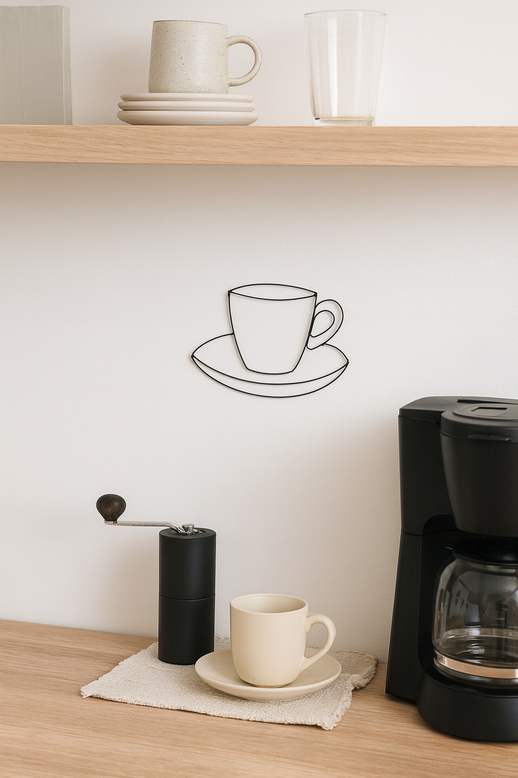 Décoration murale tasse de café espresso en fil de fer recuit noir, fait main en Alsace