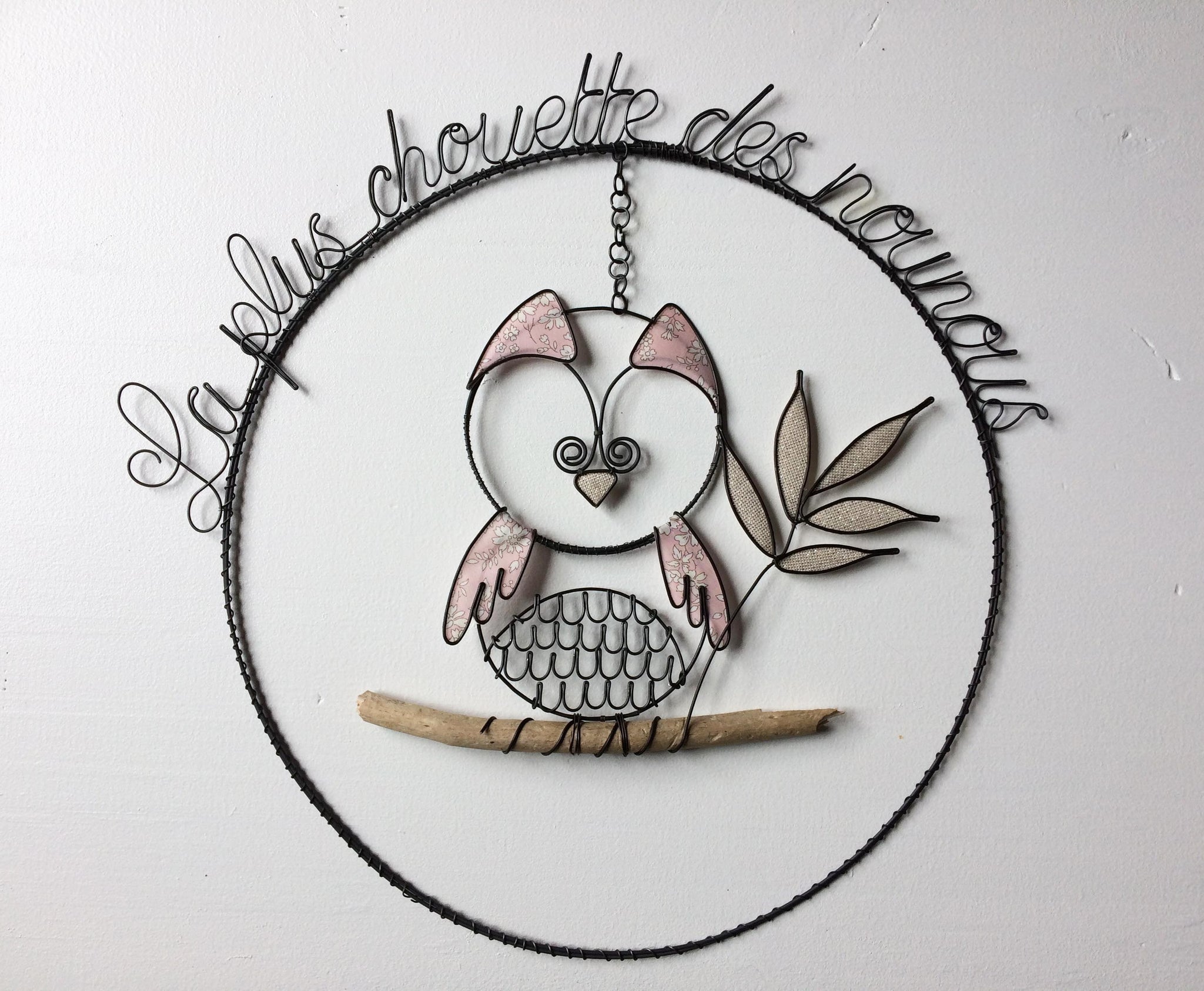 Chouette hibou en fil de fer recuit, cadeau nounou, bois flotté, déco nature, décoration maison, oiseau décoratif, cadeau phrase fil de fer