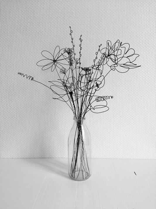 Bouquet 20 fleurs 2D & 3D en fil de fer recuit, fleur artificielle, décoration floral, déco bohème nature, coquelicot, bouquet de fleurs