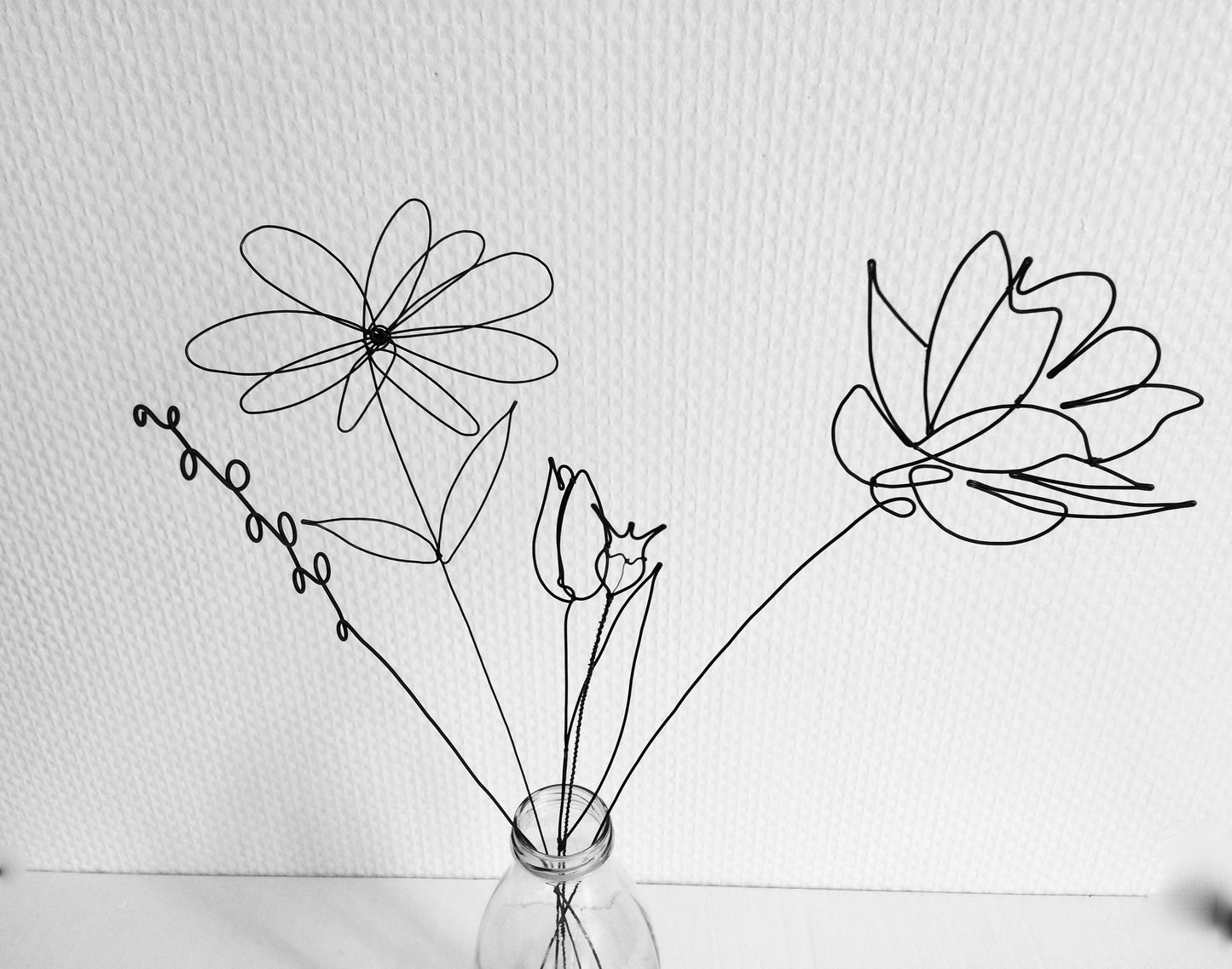 Bouquet of 5 flowers in annealed wire, floral decoration, natural bohemian decor, peony, daisy, mistress gift, bridal bouquet