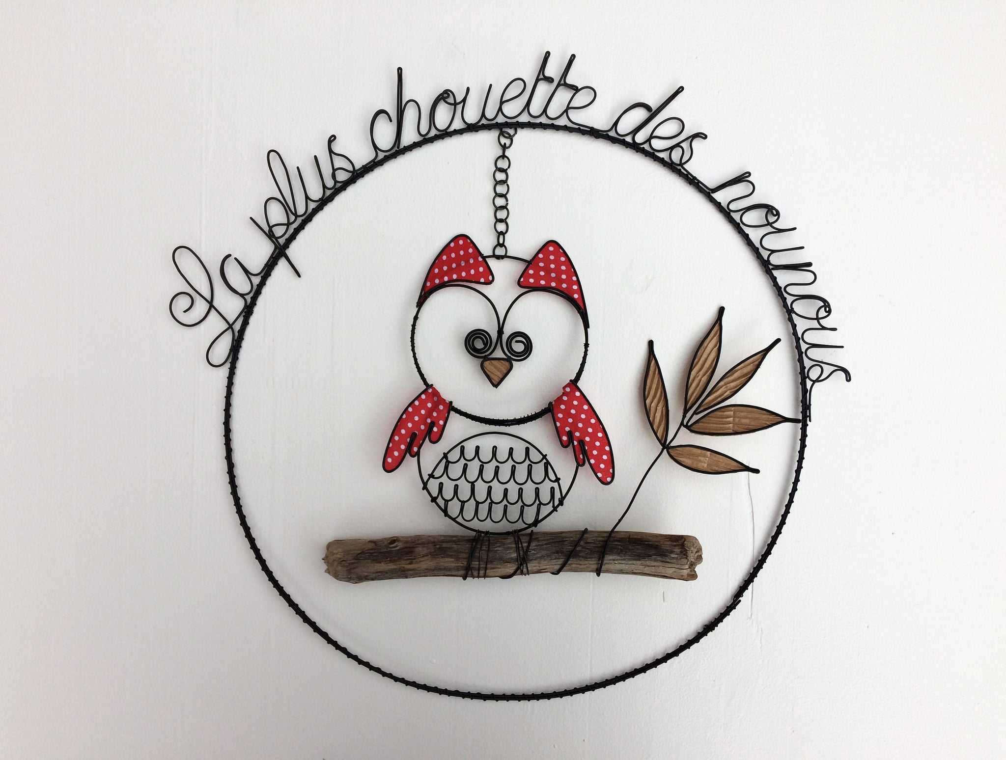 Chouette hibou en fil de fer recuit, cadeau nounou, bois flotté, déco nature, décoration maison, oiseau décoratif, cadeau phrase fil de fer