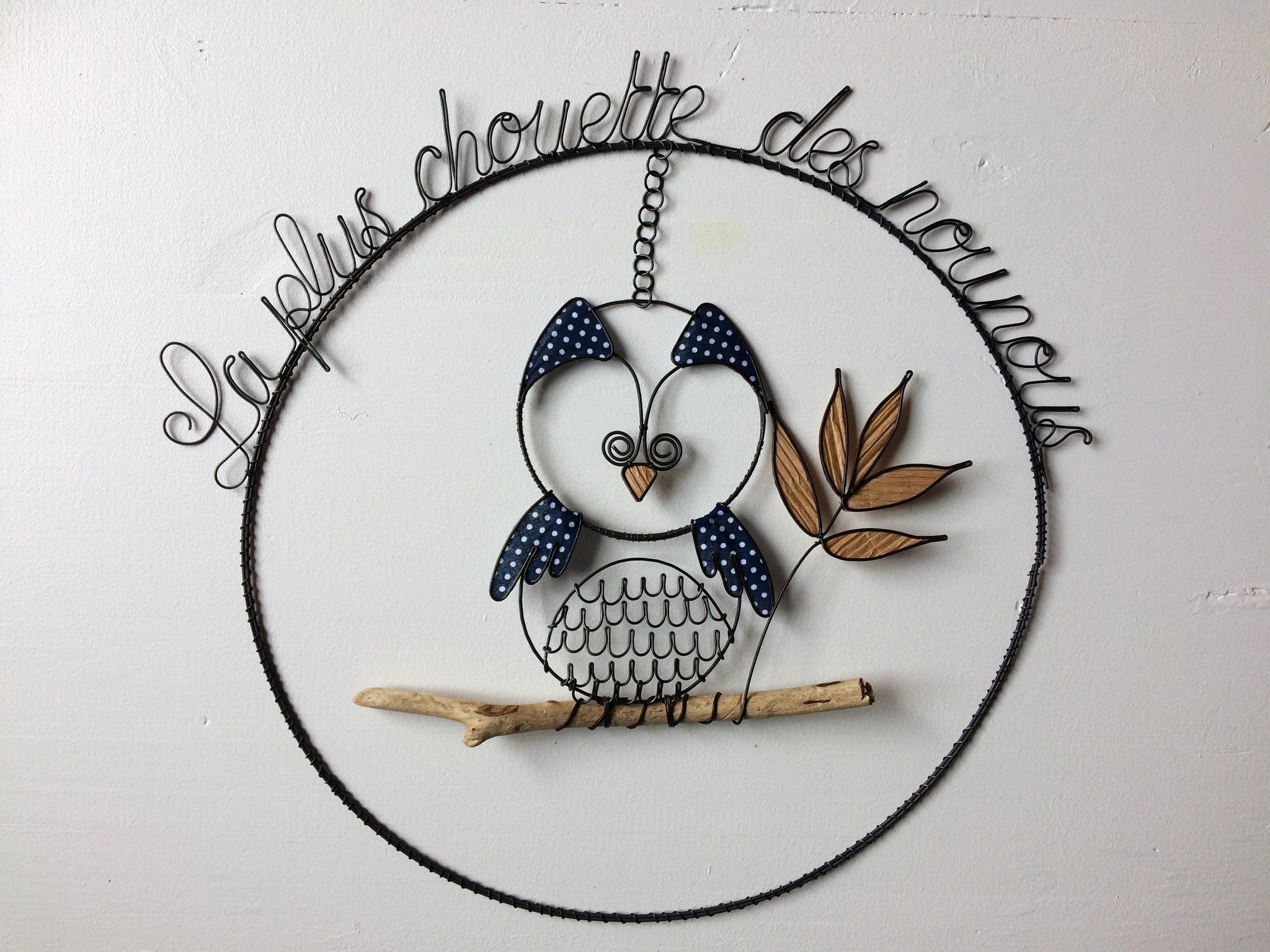 Chouette hibou en fil de fer recuit, cadeau nounou, bois flotté, déco nature, décoration maison, oiseau décoratif, cadeau phrase fil de fer