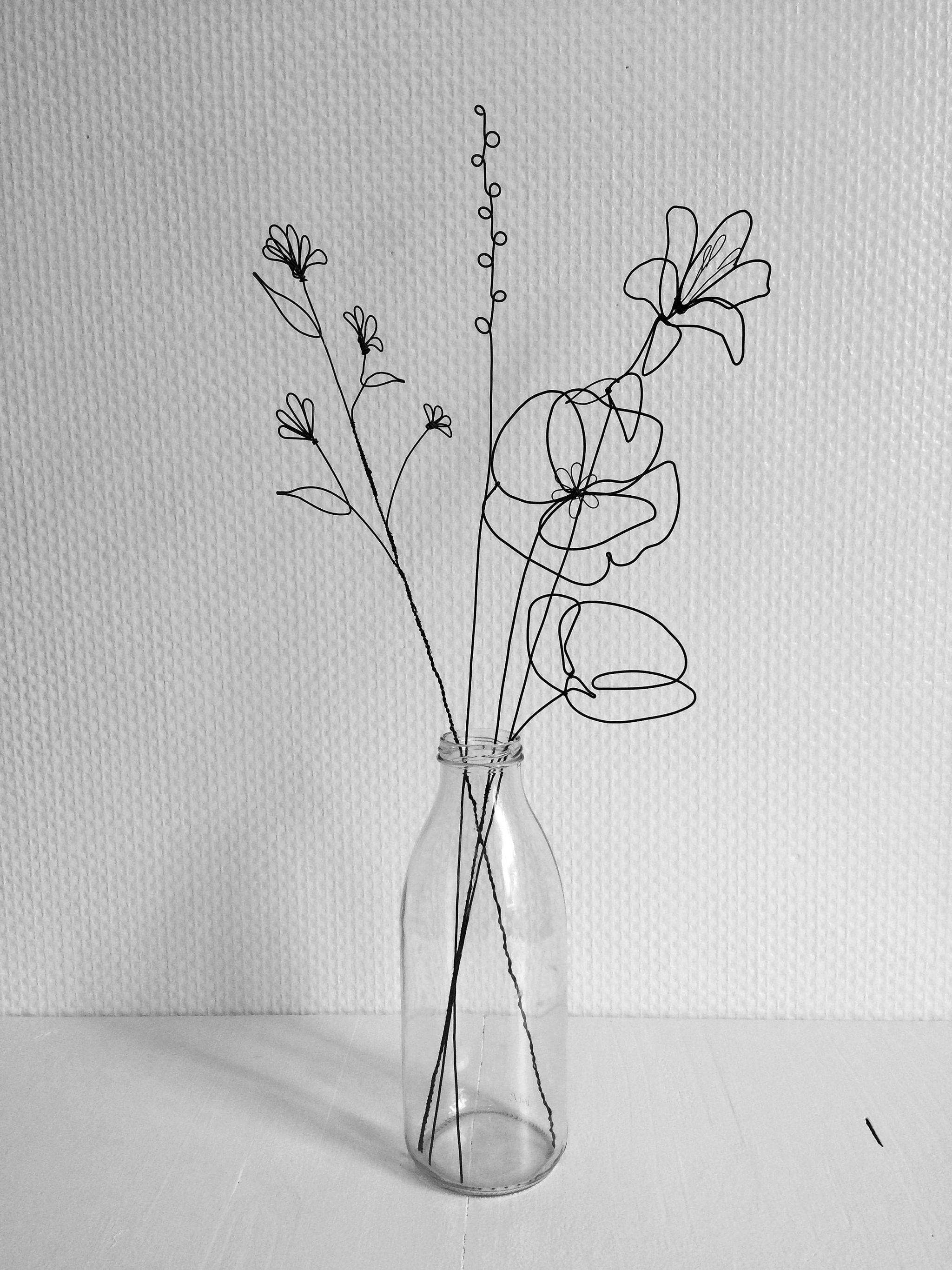 Bouquet de 4 fleurs en fil de fer recuit, coquelicot et fleur des champs, décoration florale en fil de fer, déco bohème, déco nature, cadeau