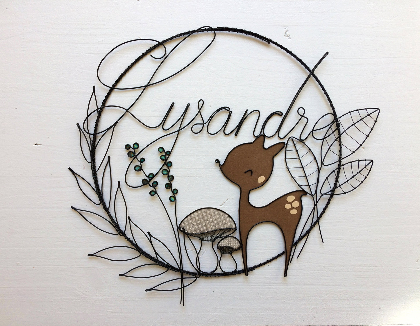 Wire first name, customizable first name, annealed wire, fawn, mushroom, autumn, baby birth gift, baptism gift, door plaque