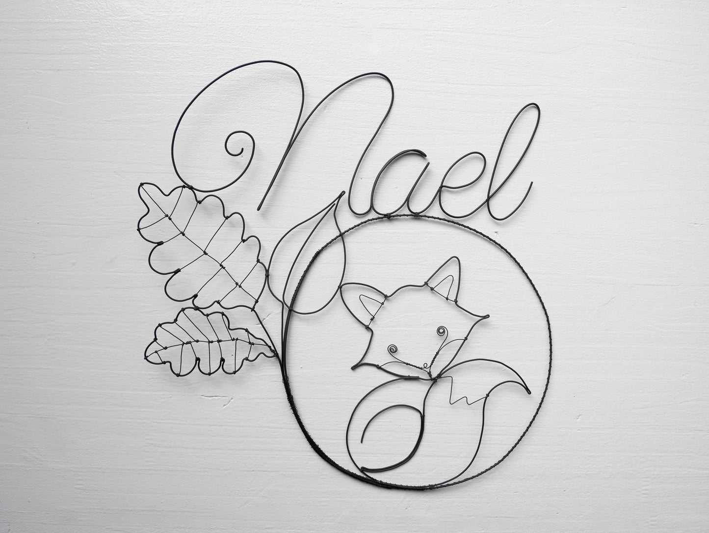 Customizable wire first name, decorative fox and metal leaf first name, autumn theme, baby birth gift, customizable gift