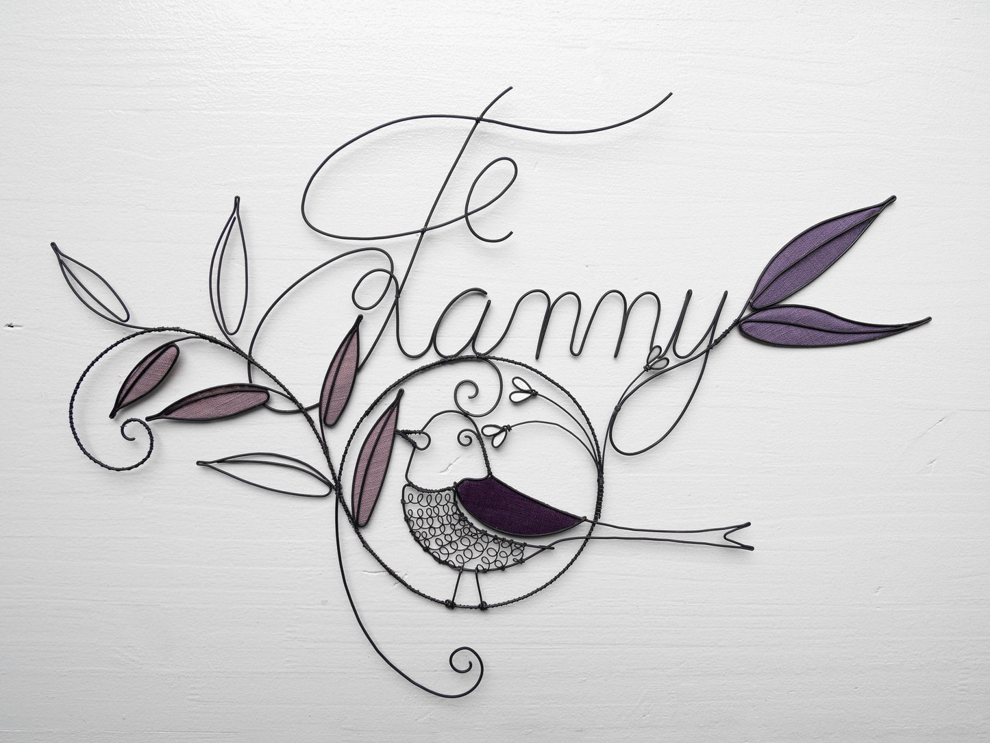 Wire first name, customizable first name, Fanny, bird and metal leaf decoration, nature theme, birth gift, door plaque