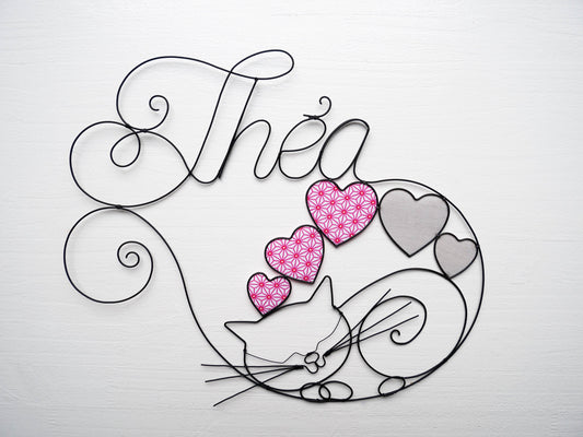 Wire first name, customizable first name, Théa, annealed wire cat, child's room decoration, birth gift, door plaque