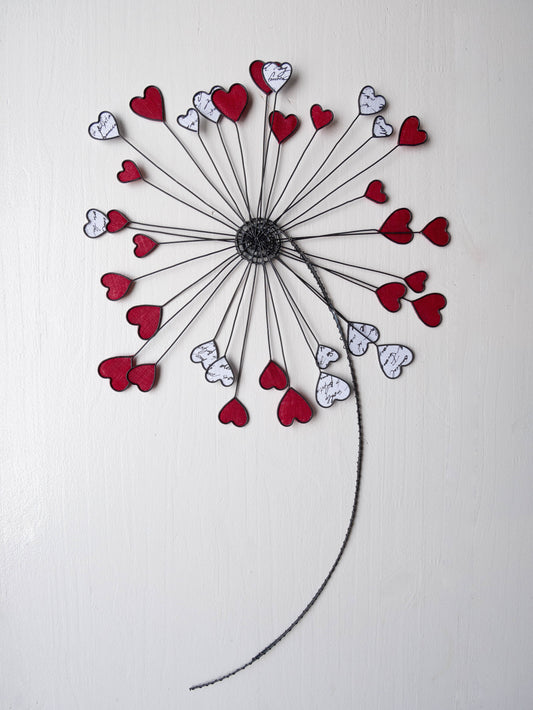 Giant flower, dandelion in annealed wire, wall decoration, metal and fabric, interior decoration gift with heart, red, nature