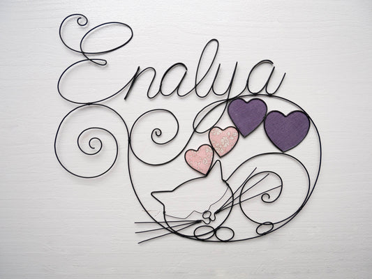 Wire first name, customizable first name with cat, annealed wire, child's room decoration, birth gift, door plaque