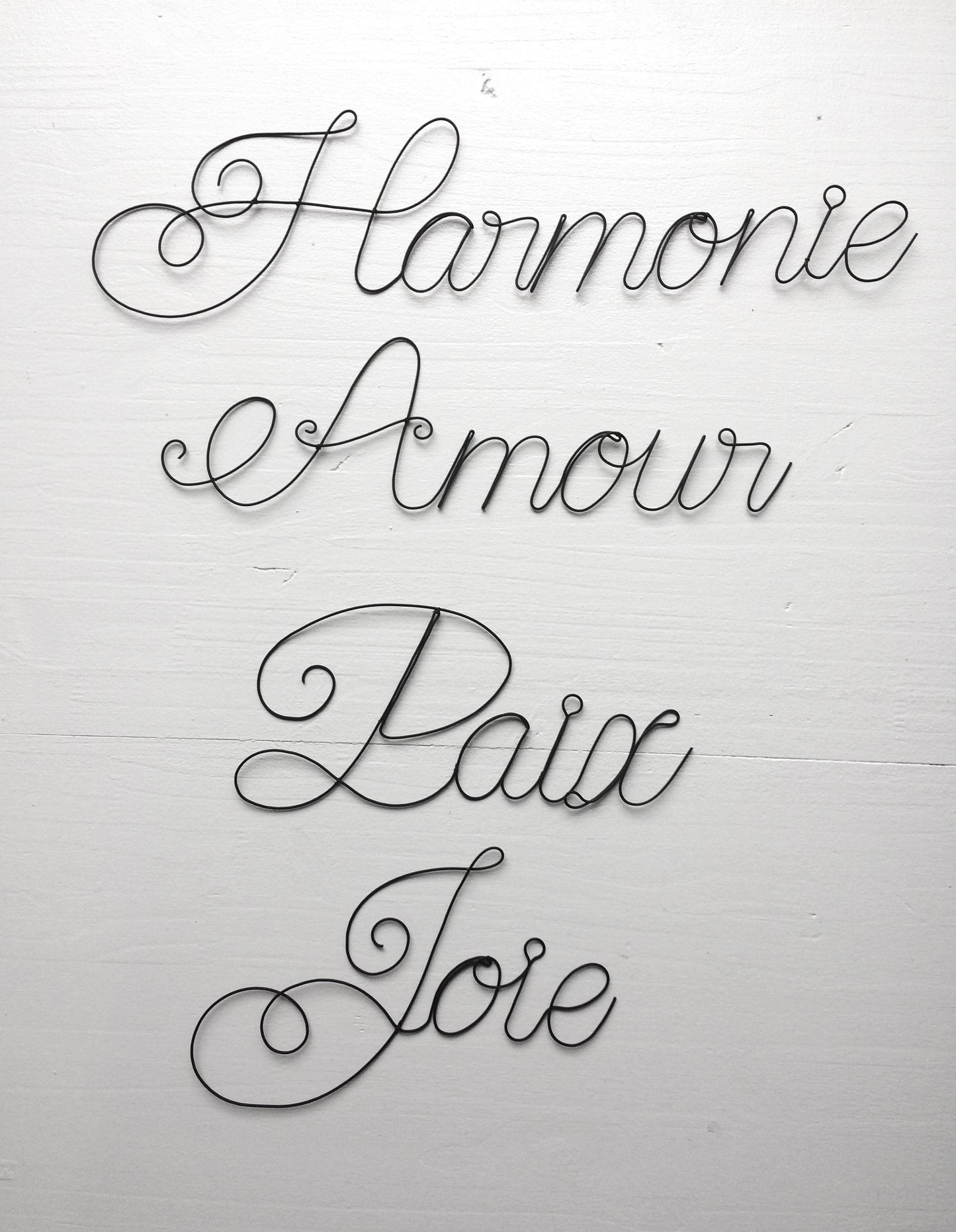 Lot of 4 wire words Love, Harmony, Peace and Joy, zen atmosphere, wire phrase, wire quote, wire wall decoration