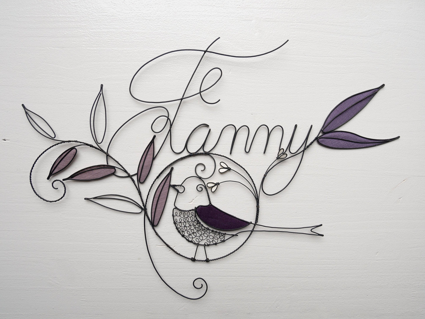 Wire first name, customizable first name, Fanny, bird and metal leaf decoration, nature theme, birth gift, door plaque