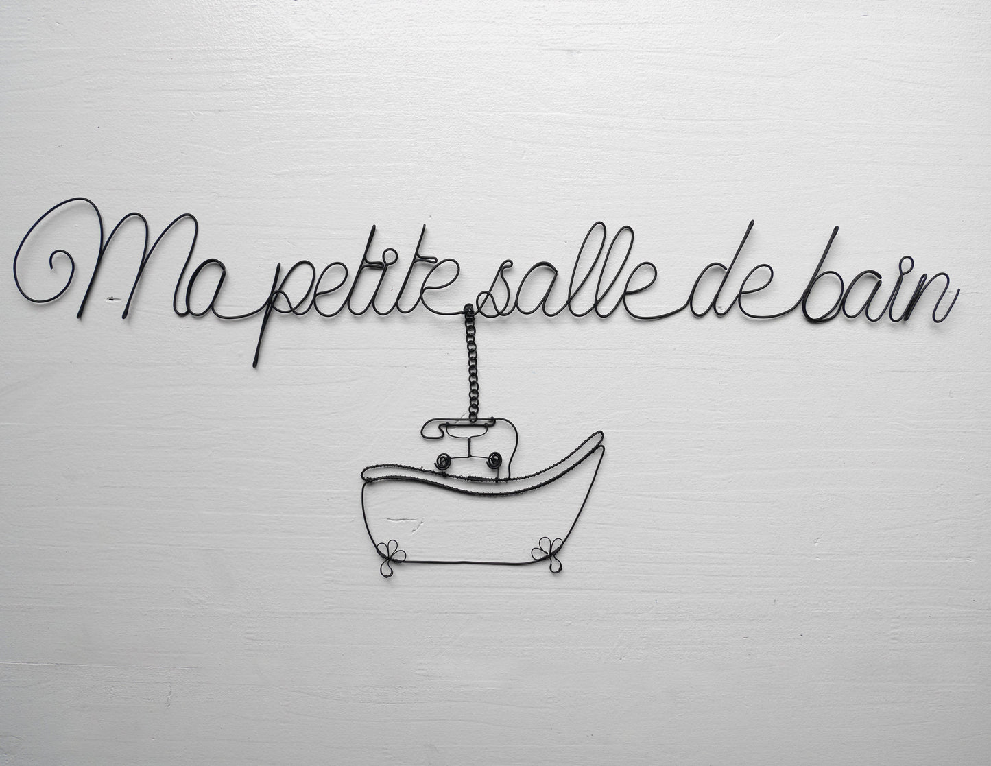 Ma petite salle de bain plaque de porte, baignoire, phrase fil de fer recuit, mot en fil de fer recuit, écriture fil de fer recuit, vintage