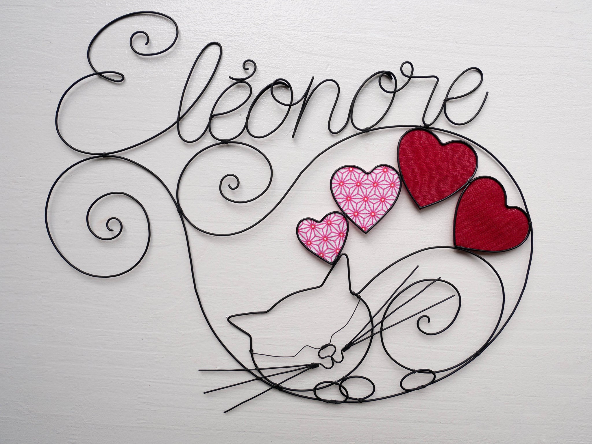 Prénom fil de fer personnalisable, Eléonore, prénom avec chat en métal, décoration chambre d'enfant, cadeau naissance, plaque porte prénom