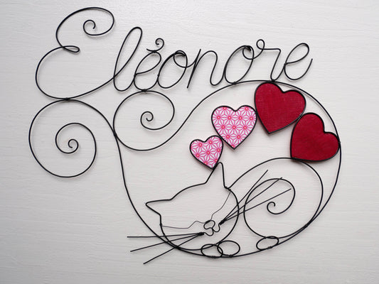 Customizable wire first name, Eléonore, first name with metal cat, child's room decoration, birth gift, first name plaque