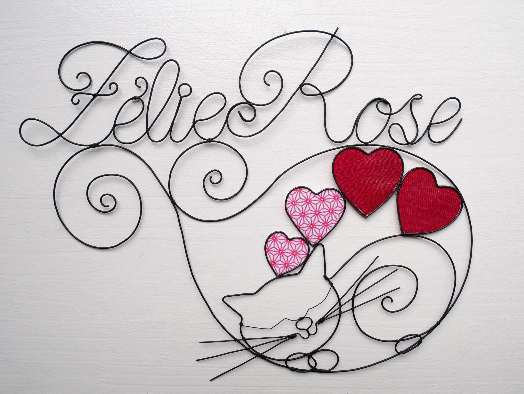 Prénom fil de fer, prénom personnalisable, chat fil de fer recuit, décoration chambre d'enfant, plaque de porte, prénom fil de fer recuit