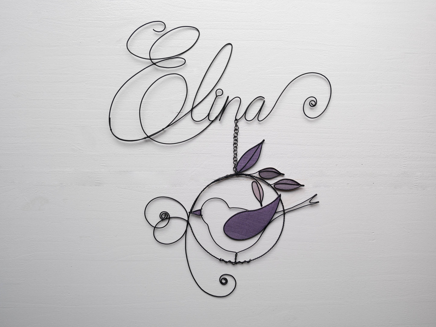 Customizable wire first name, wire bird, child's bedroom wall decoration, door plaque, birth gift