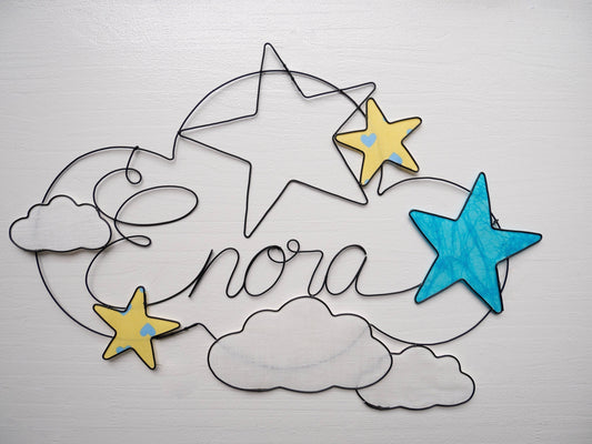 Customizable wire first name, cloud first name with stars, child's room decoration, birth gift idea, door plaque