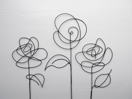 Set of 3 Roses Wire Flowers, annealed, flower to hang, floral wall decoration, bohemian nature decoration, bouquet of flowers