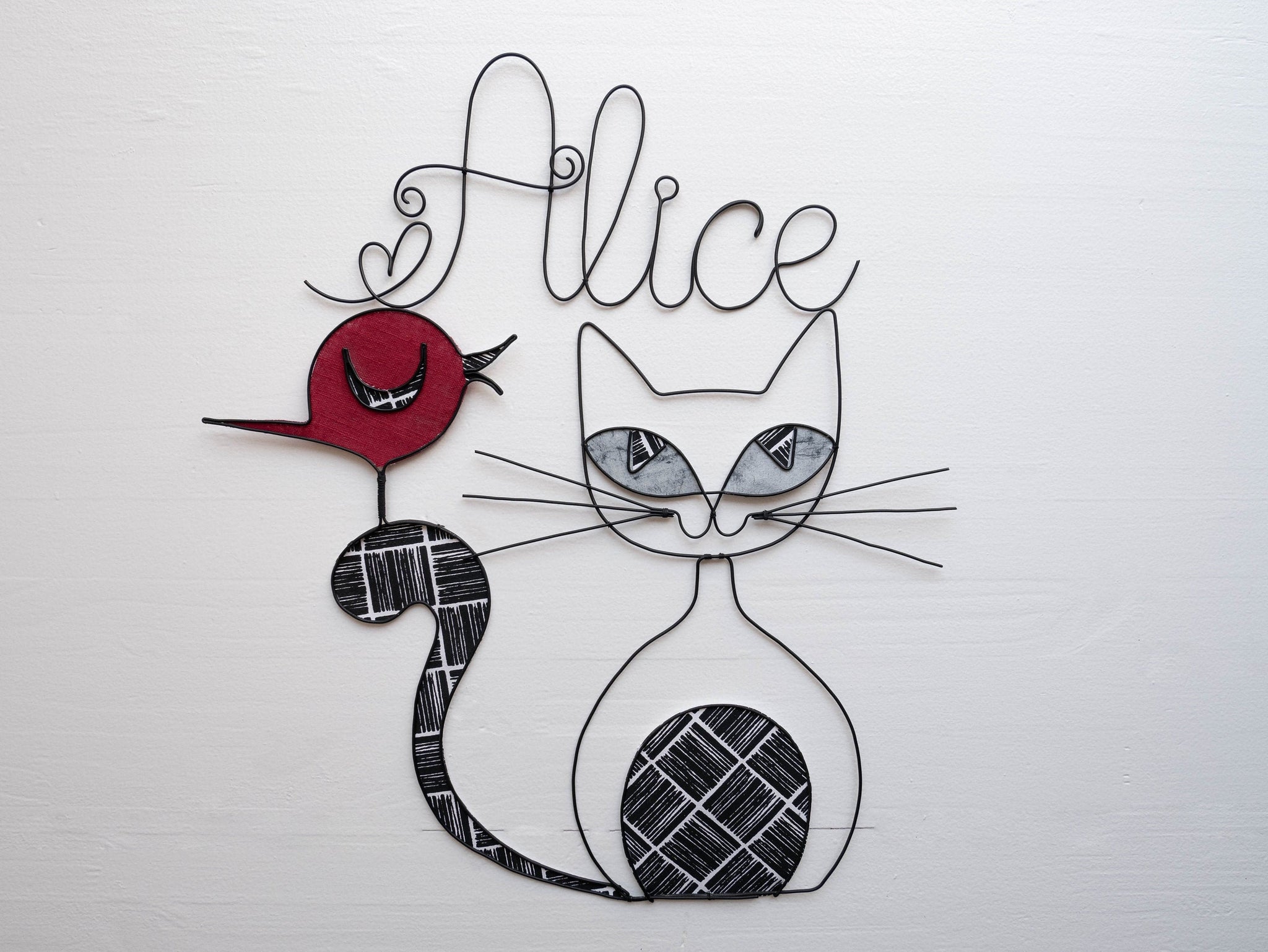 Prénom personnalisable en fil de fer, Alice, fil de fer recuit, chat noir, oiseau métal, idée cadeau de naissance, cadeau personnalisable