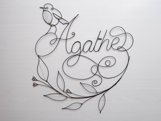 Customizable wire first name with bird, Agathe, metal wall decoration, nature theme, baby birth gift, baptism gift