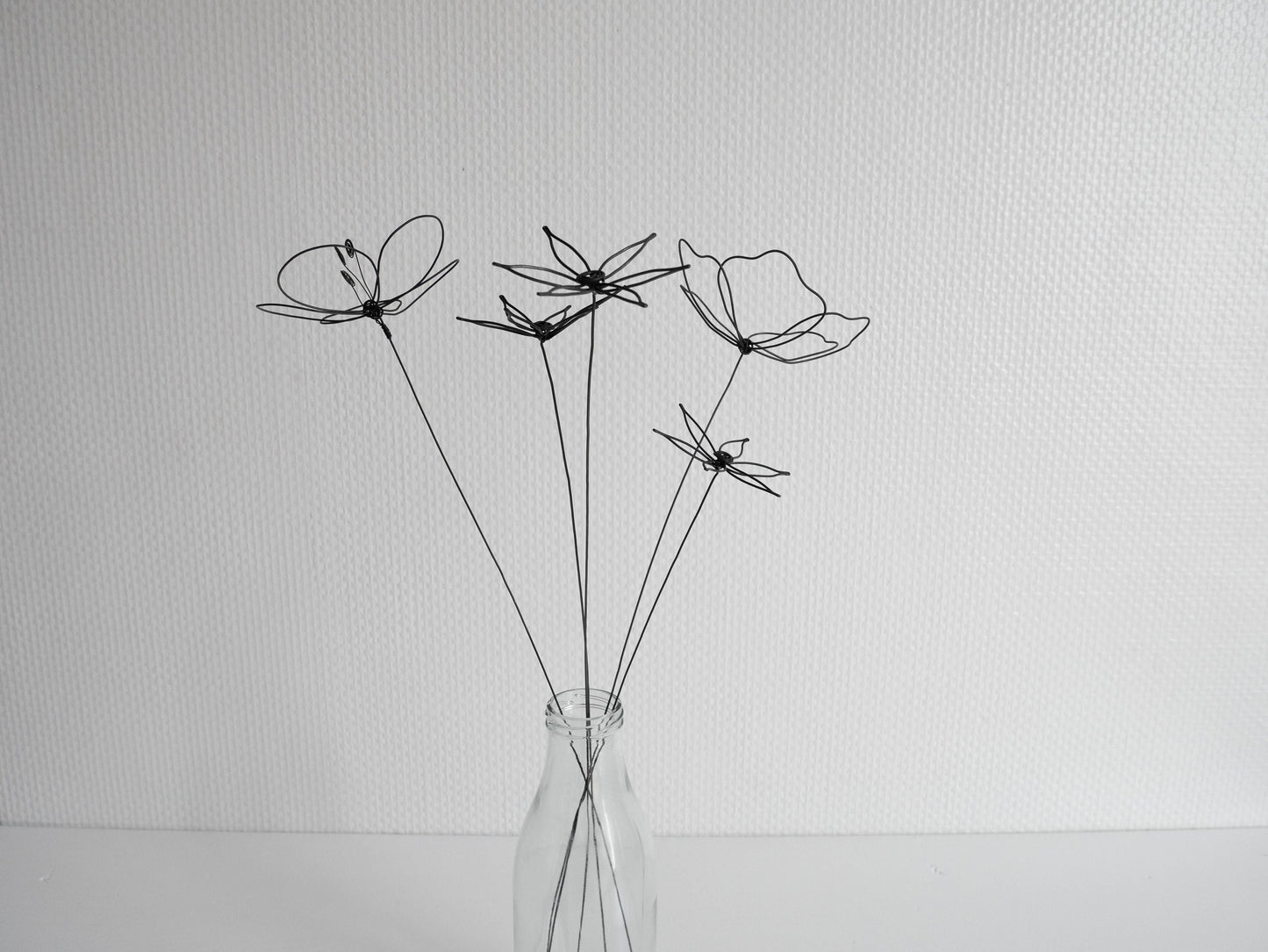 Bouquet of 5 3D flowers in annealed wire, poppy daisy, wildflowers, vase decoration, bohemian nature, bouquet of dried flowers