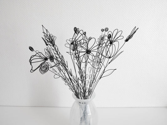 Bouquet of 30 flowers in annealed wire, wild field flowers, floral decoration, bohemian nature, herbs, wheat, poppy, daisy