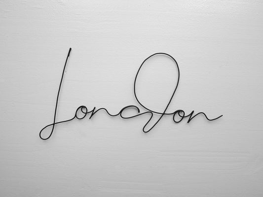 Wall decoration name of capital, city, London in annealed wire, word London in wire, phrase, quote, wire sculpture