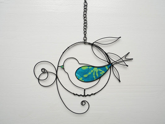 Swallow bird on branch in annealed wire, dove, wall decoration to hang, decorative bird with fabric and cardboard, wire