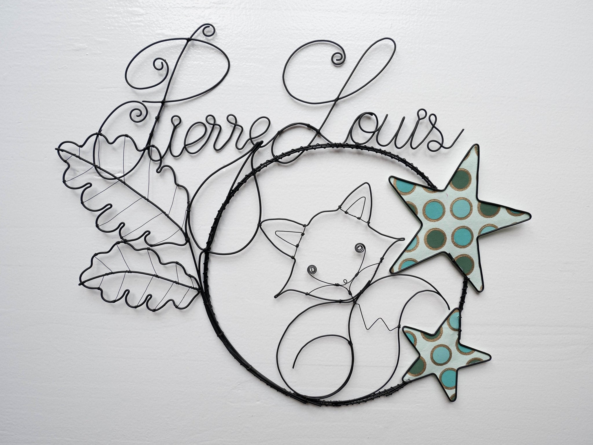 Prénom fil de fer personnalisable, prénom fil de fer recuit, prénom avec renard, feuille métal, thème automne, cadeau de naissance