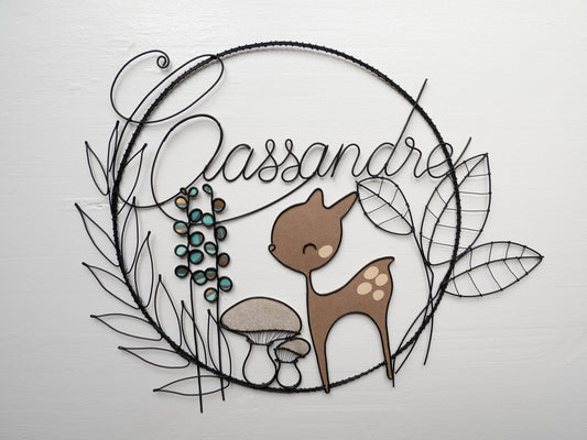 Customizable wire first name, crown first name, squirrel and mushroom, forest theme, baby birth gift, first name door plaque