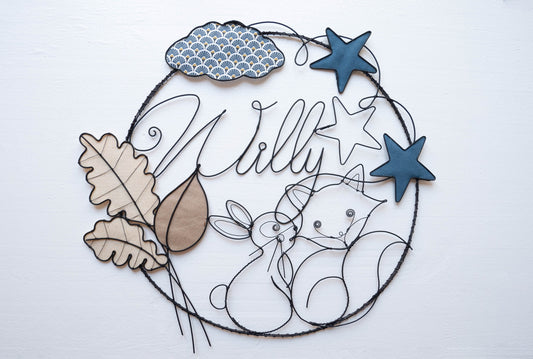 Customizable wire first name, fox first name bedroom wall decoration, baby birth gift, baby door first name, door plaque