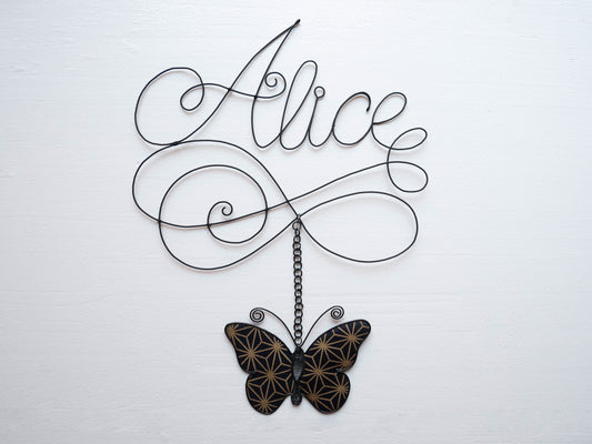 Wire first name, customizable first name, birth gift, annealed wire butterfly, door plaque, child's room decoration